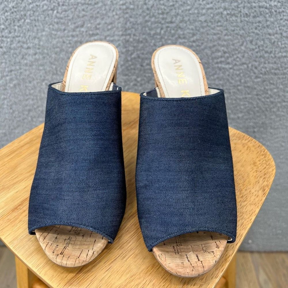 Anne Klein Cork Heels Size 10M Slides Mules Open Peep Toe Spring Summer Denim - Picture 10 of 10